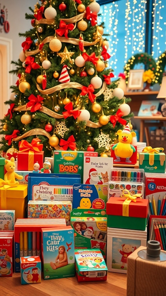 A collection of Christmas gifts for children under a decorated tree, including toys and books.